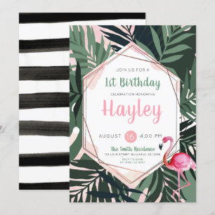 Flamant rose tropical Aquarelle Invitation d'anniv