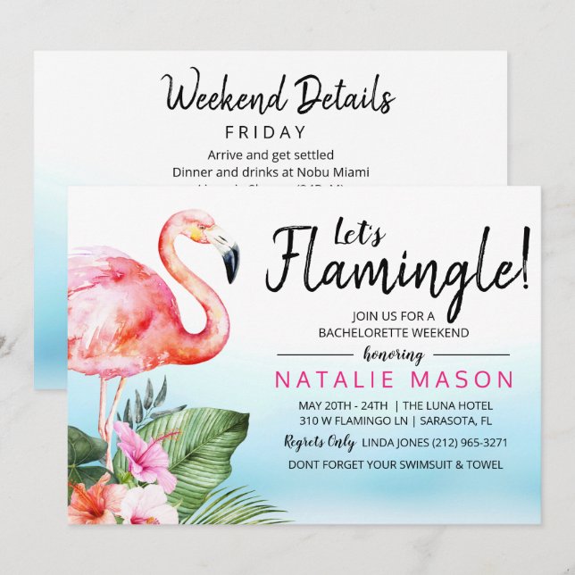 Flamant rose tropical Bachelorette Invitation du w (Devant / Derrière)