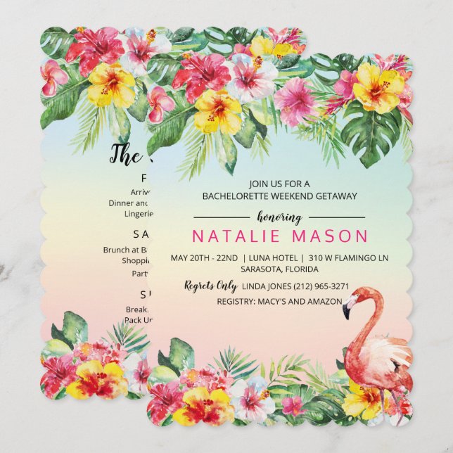 Flamant rose tropical Bachelorette Invitation du w (Devant / Derrière)