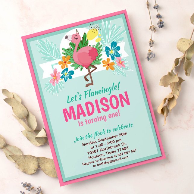 Flamant rose tropical Invitation de fête d'anniver (Créateur téléchargé)