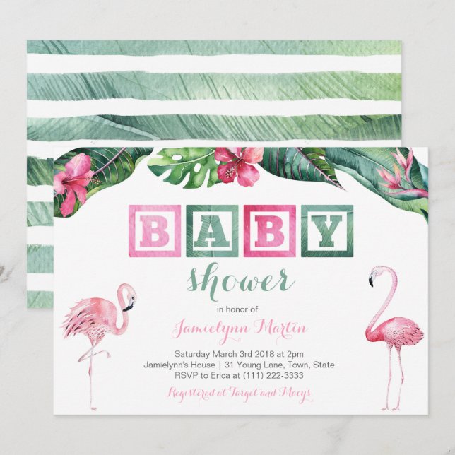 Flamant rose tropical Invitations de Baby shower,  (Devant / Derrière)