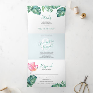 Flamant rose tropical triple Faire-part de mariage
