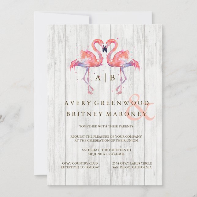 Flamant rose Watercolor Wedding Invitations (Devant)