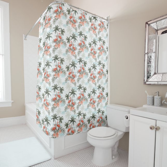 Flamants roses et palmiers Douche rideau (En situation)