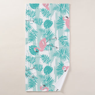 flamants roses, feuilles de palmiers verts, tropic