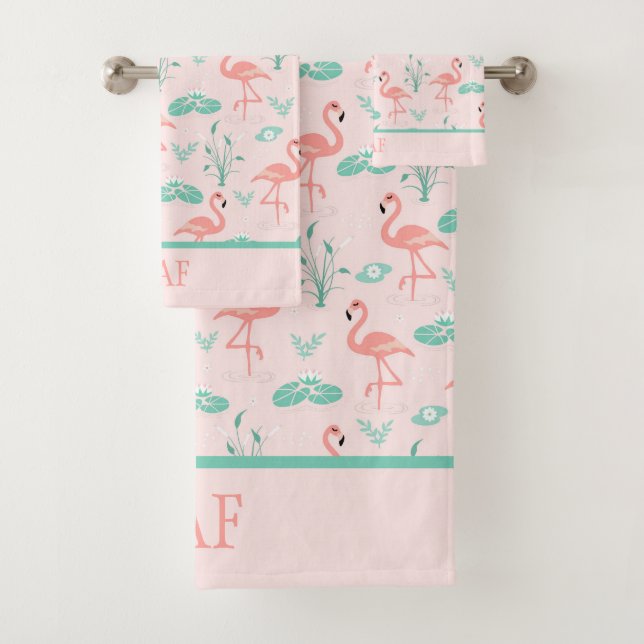 Flamants roses monogramme feuilles de palmier vert (En situation)