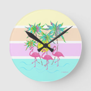 Flamants roses roses avec palmiers, horloge ronde 