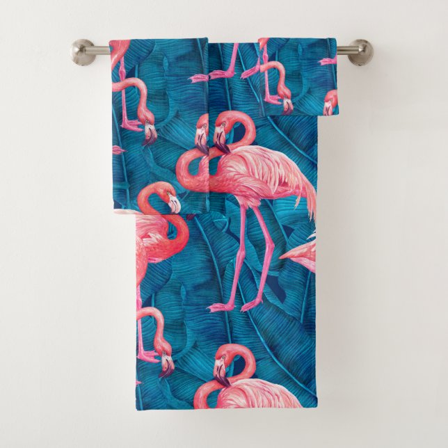 Flamants roses sur feuilles de bananes bleues (En situation)