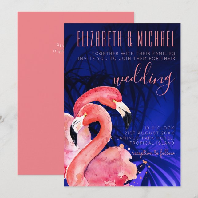 Flamants roses tropicaux bleu Faire-part de mariag (Devant / Derrière)