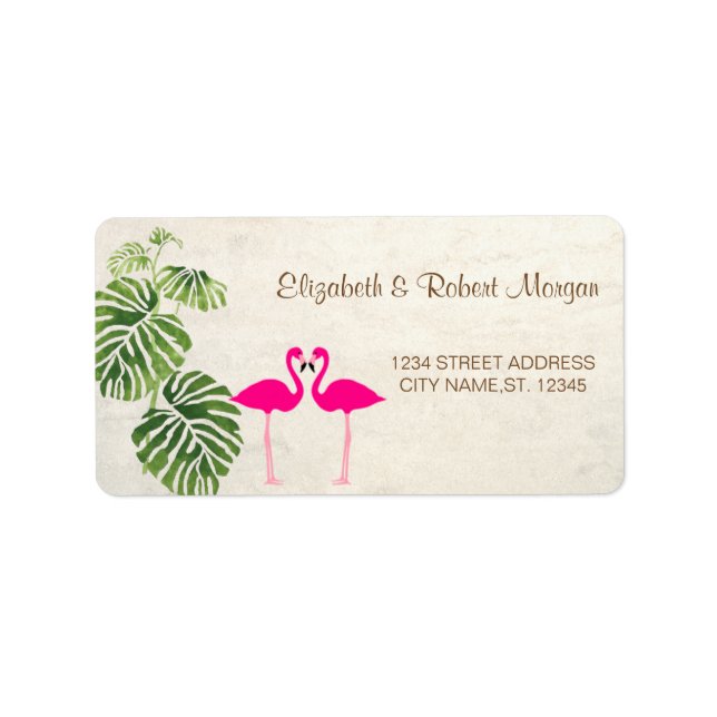 Flamants roses tropicaux Étiquette Mariage (Devant)
