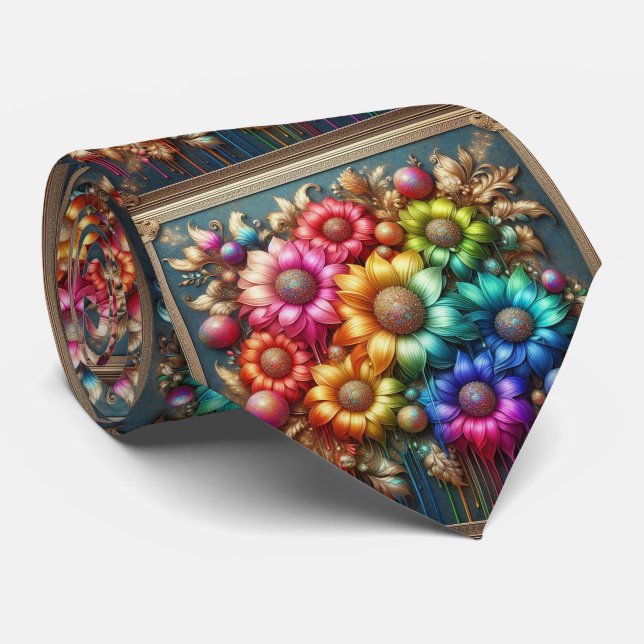 Flamboyant Neck Tie | Rainbow Flowers Faux Glitter Krawatte (Gerollt)