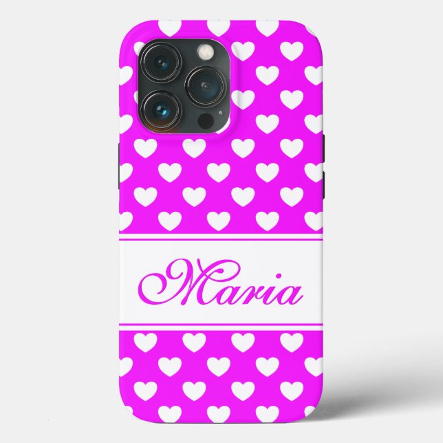 Flamboyant Pink White Hearts Muster und Ihr Name Case-Mate iPhone Hülle (Rückseite)