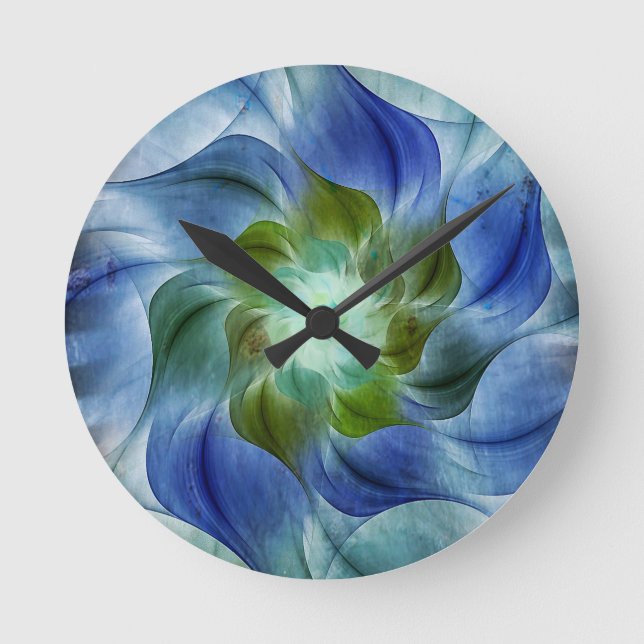 Flame bleue Vert Fractale Fleur Horloge ronde (Recto)