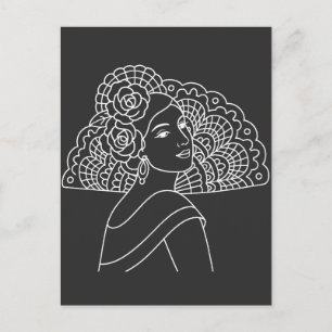 Flamenco Spanische Dame mit Fächer Tinte Kunst Zei Postkarte