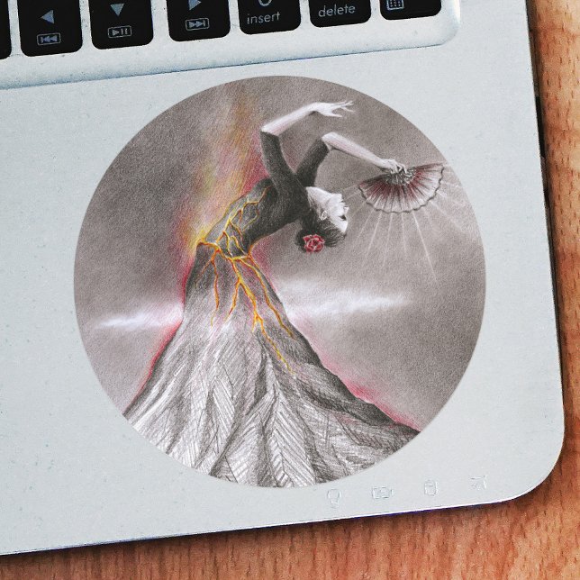 Flamenco tanzende Frau Vulkan surreal Bleistiftkun Runder Aufkleber (Von Creator hochgeladen)