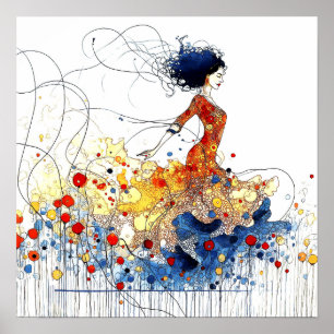 Flamenco-Tänzerin in fließender mehrfarbiger Beweg Poster