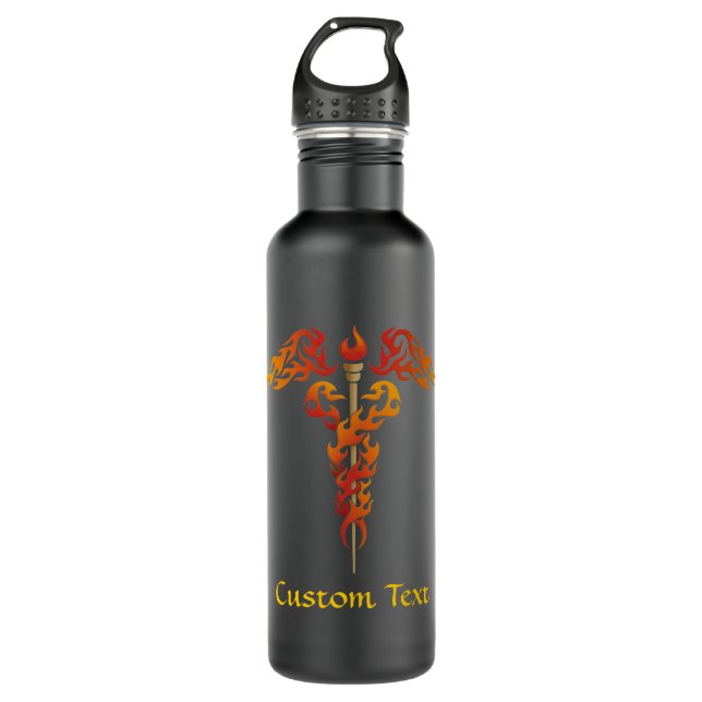 Flames Caduceus Edelstahlflasche (Vorderseite)