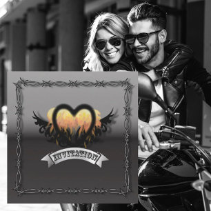 Flames Heart RockNRoll Biker Hochzeits Einladung