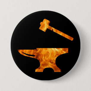 Flaming Anvil & Hammer Blacksmith Metalworking Button