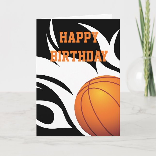 Flaming Basketball Black and White Happy Birthday Karte (Vorderseite)