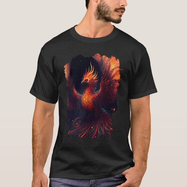 Flaming phoenix with ornaments and fiery glow T-Shirt (Vorderseite)