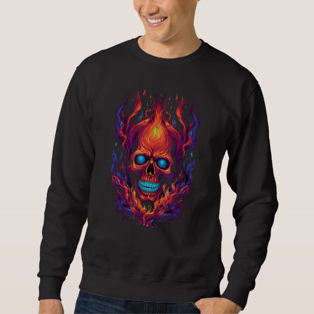 Flaming Red Orange & Blue Skull Graphic Sweatshirt (Vorderseite)