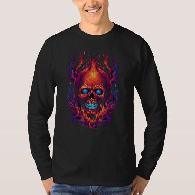 Flaming Red Orange & Blue Skull Graphic T-Shirt (Vorderseite)