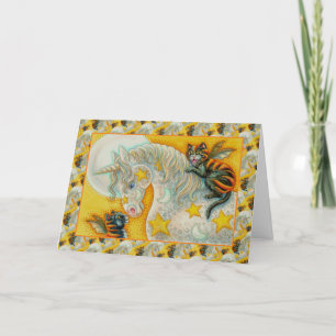 FLAMING SCHWARZE KATZEN MIT HALLOWEEN UNICORN farb Feiertagskarte