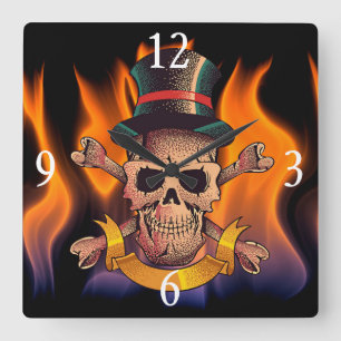 Flaming Skull Quadratische Wanduhr