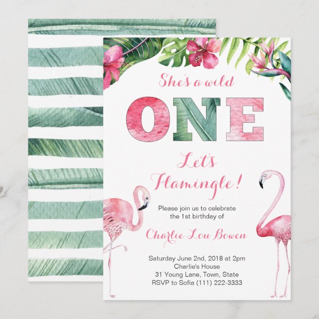 Flamingle 1er anniversaire Invitations pour filles (Devant / Derrière)