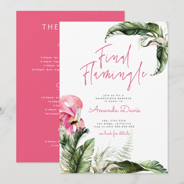 Flamingle Bachelorette Weekend Flamingo Einladung (Vorne/Hinten)