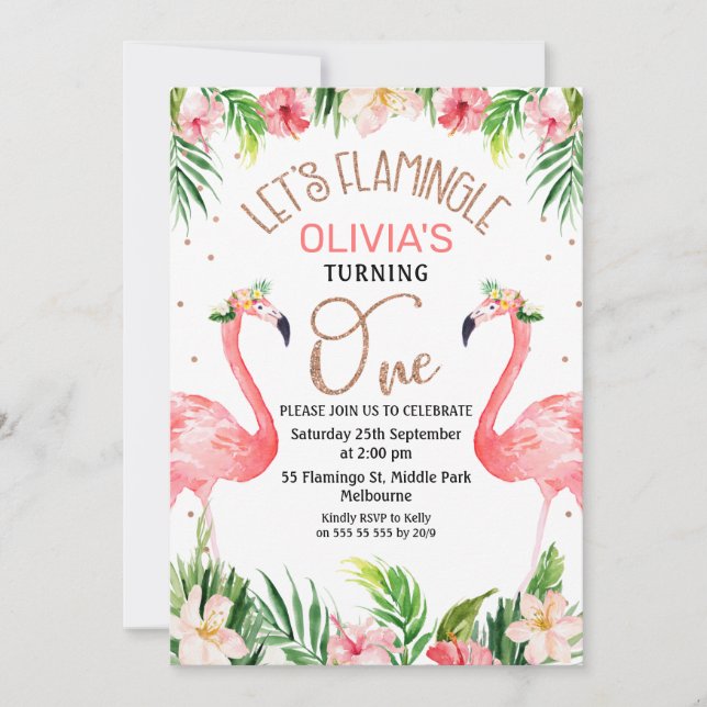 Flamingle Flamant rose 1er anniversaire Invitation (Devant)