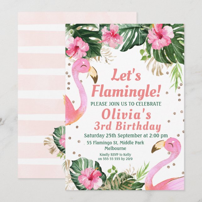 Flamingle Flamant rose Anniversaire Invitation (Devant / Derrière)