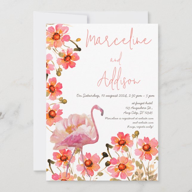 Flamingle Floral Wedding Einladung (Vorderseite)