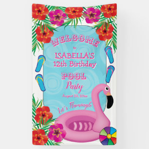 Flamingle rosa Blumen12. Geburtstags-Pool-Party Banner