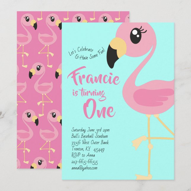 Flamingo 1. Geburtstag Niedliche Einladungen (Vorne/Hinten)