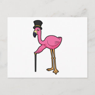 Flamingo als Bräutigam mit Hut und Stock Postkarte