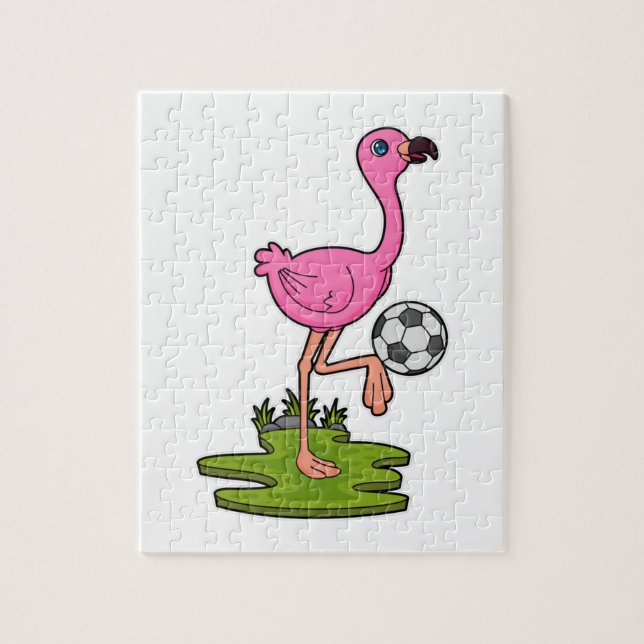 Flamingo als Fußballspieler mit Fußball (Vertikal)