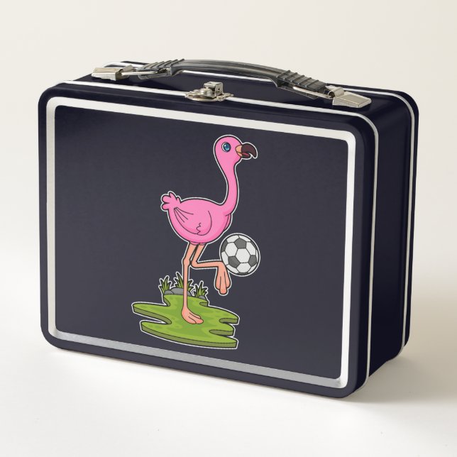 Flamingo als Fußballspieler mit Fußball Metall Brotdose (Vorderseite)