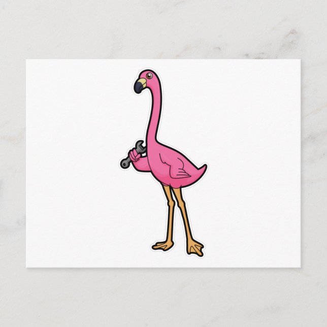 Flamingo als Mechaniker mit Wrench Postkarte (Vorderseite)