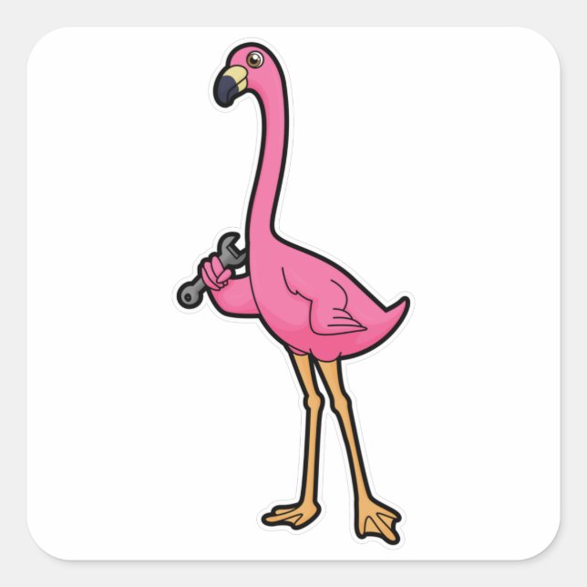 Flamingo als Mechaniker mit Wrench Quadratischer Aufkleber (Vorderseite)