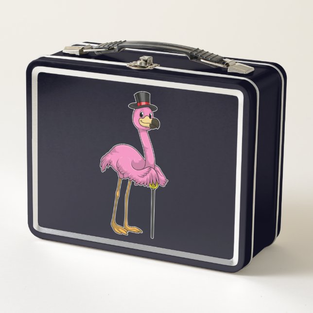 Flamingo als Rentner mit Gehstock Metall Brotdose (Vorderseite)