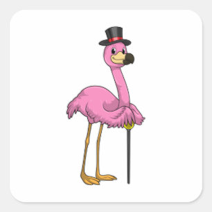 Flamingo als Rentner mit Gehstock Quadratischer Aufkleber