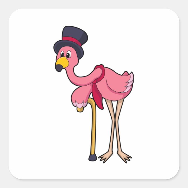 Flamingo als Rentner mit Hat Quadratischer Aufkleber (Vorderseite)