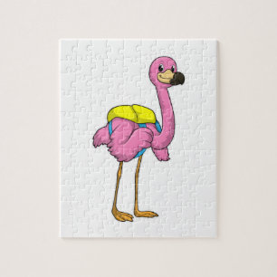 Flamingo als Schüler mit Schultasche