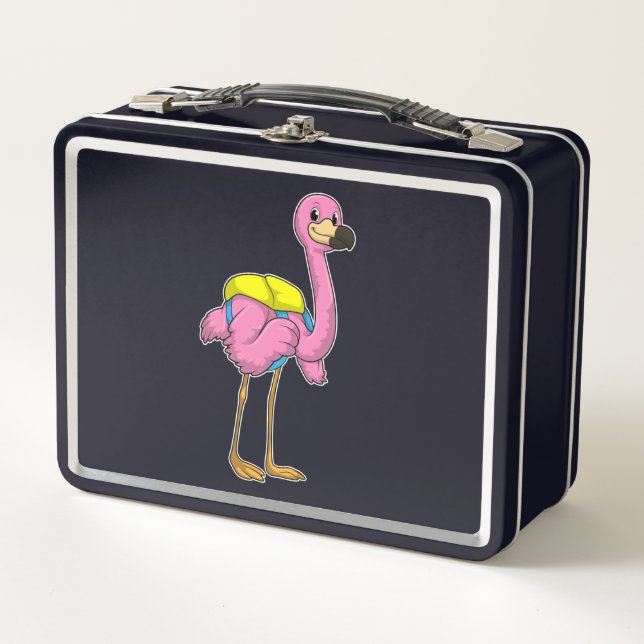 Flamingo als Schüler mit Schultasche Metall Brotdose (Vorderseite)