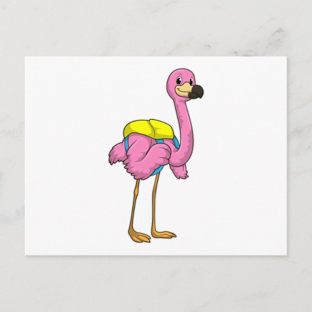 Flamingo als Schüler mit Schultasche Postkarte (Vorderseite)