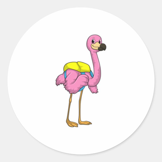 Flamingo als Schüler mit Schultasche Runder Aufkleber (Vorderseite)
