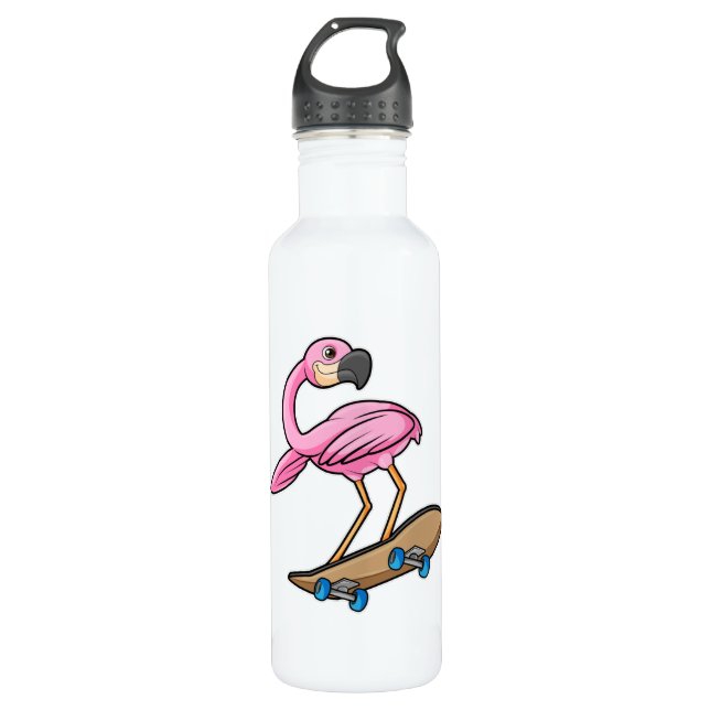 Flamingo als Skater mit Skateboard Edelstahlflasche (Vorderseite)