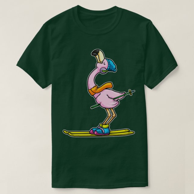 Flamingo als Skifahrer mit Ski-Pole T-Shirt (Design vorne)